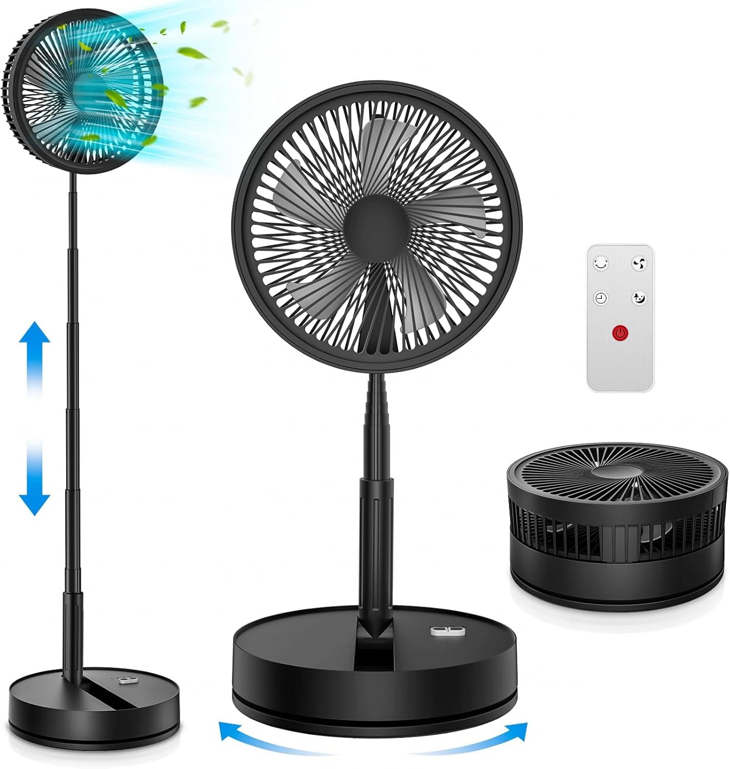 Oscilante ventilador de pé portátil silencioso com remoto, 9" dobrável 7200 mAh bateria recarregável USB C ventiladores, altura ajustável pequena mesa ventiladores, chão ventosa para casa escritório
