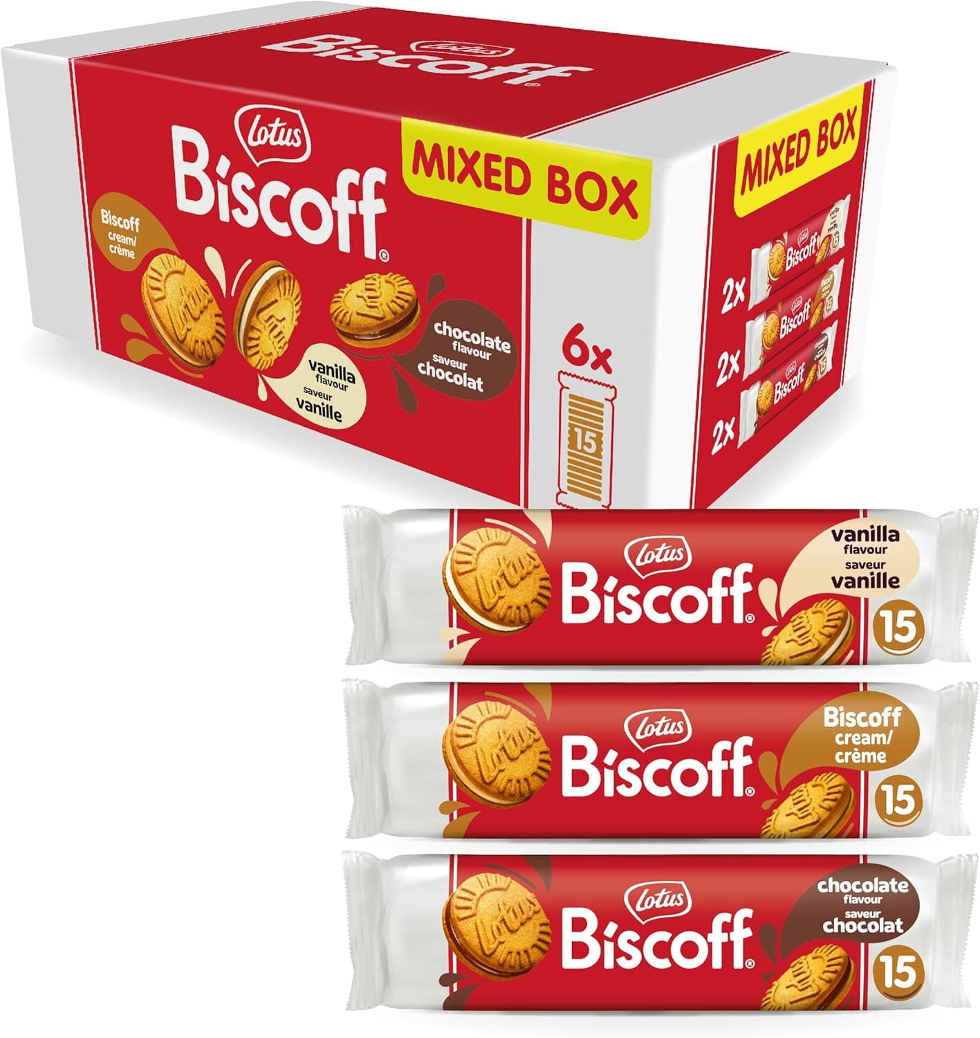 Lotus Biscoff Pacote variado de bolachas em sanduíche, 3 sabores, 2 pacotes por sabor, 15 bolachas sanduíche por pacote, ingredientes de origem natural, sem corantes, 6 x 150 g, 900 g