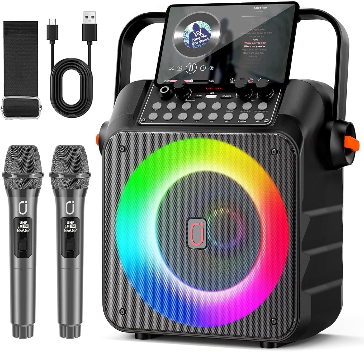 HWWR Karaoke profissional sem fios, máquina de karaoke portátil com microfones sem fios para adultos e crianças, luzes LED, USB/TF/AUX/Rec, karaoke compatível com Android/iPad/TV/PC