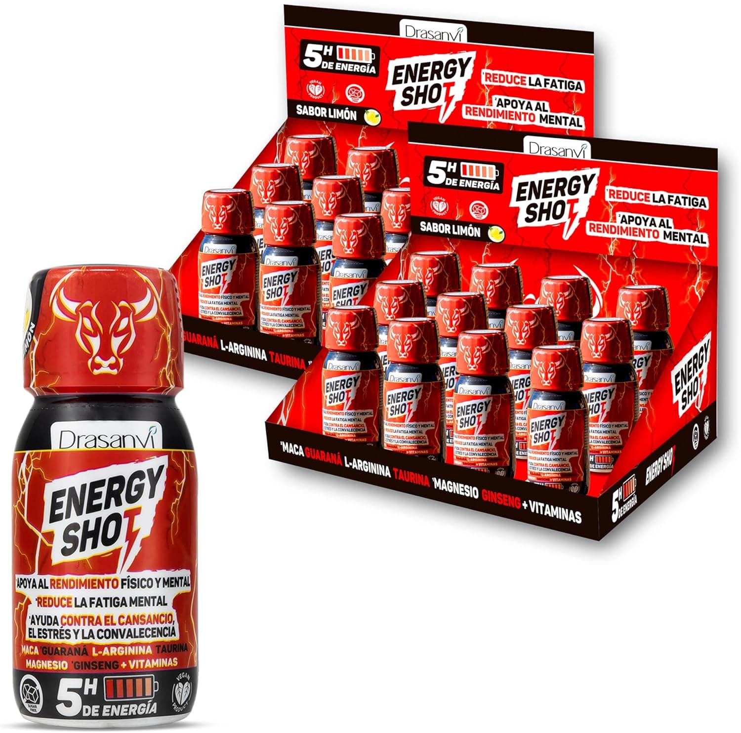 DRASANVI ENERGY SHOT 5 horas de energia TOTAL | Reduz a fadiga, com magnésio, taurina, L - Arginina, colina, guaraná, maca, gineng, cafeína e vitaminas, pack 24 unidades sabor limão