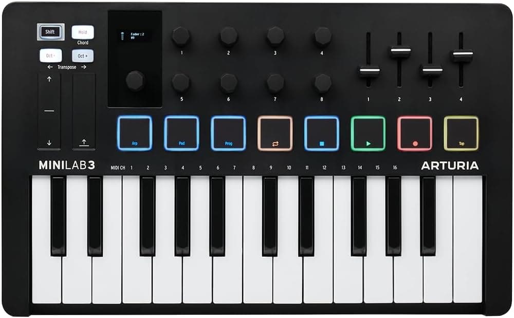 Arturia - MiniLab 3 - Controlador MIDI universal para produção musical, com pacote de software tudo em um - 25 teclas, 8 almofadas multicoloridas - preto