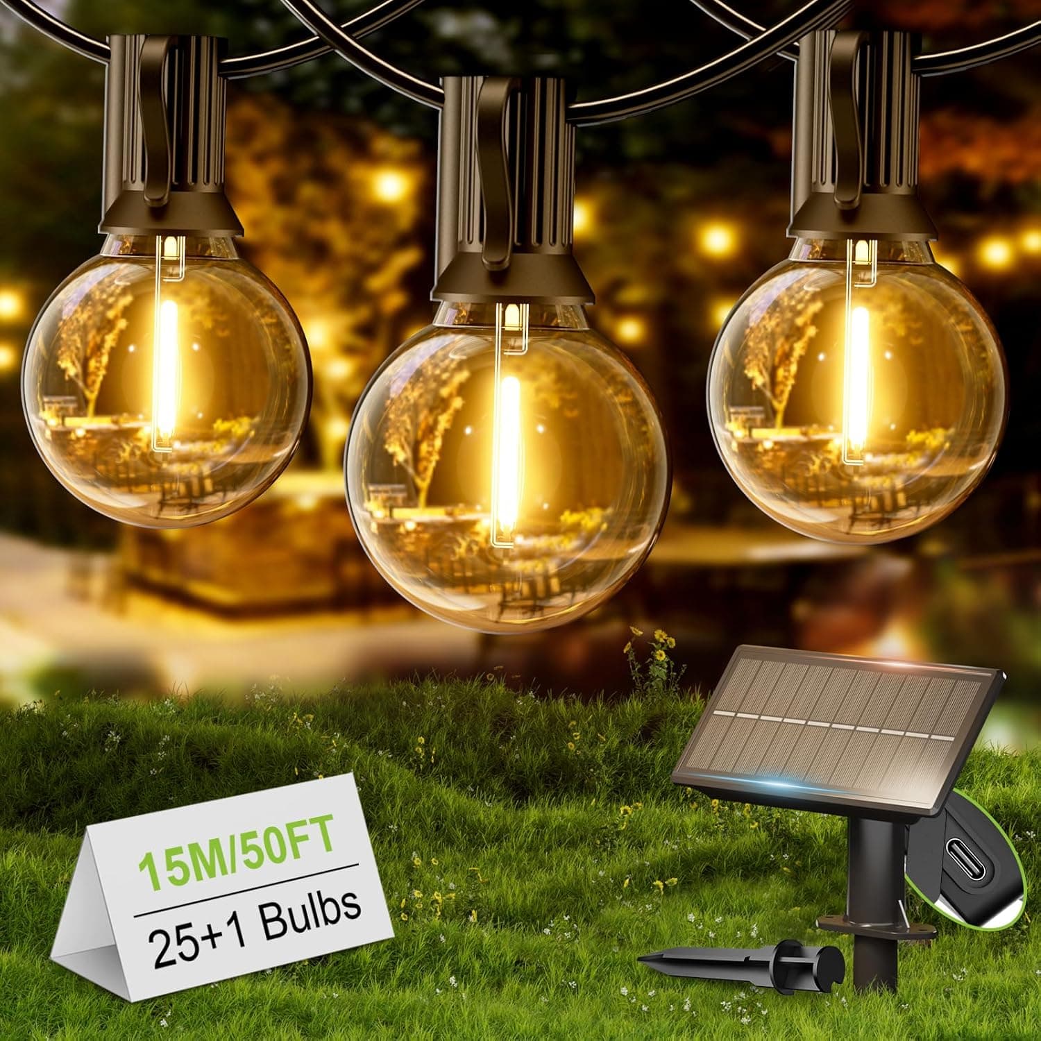 Yuusei Guirlanda luzes solares exterior 15 m/50 pés, G40 IP45 ao ar livre jardim luzes de corrente com 25 + 1 peça LED inquebrável lâmpadas, luzes impermeáveis para pátio 