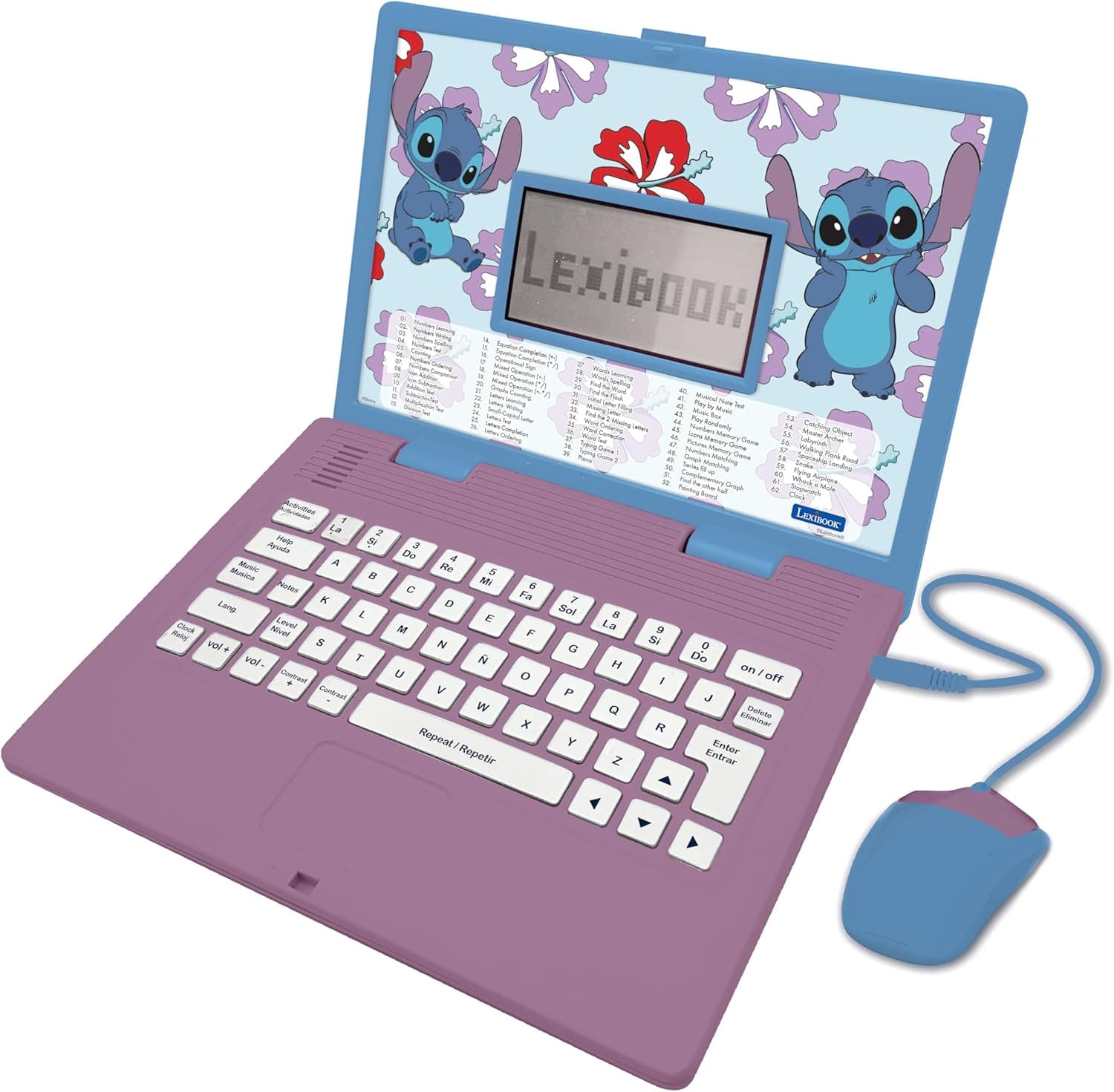Lexibook, Disney Stitch, computador educativo bilíngue em inglês/espanhol, 124 atividades de linguagem, escrita, matemática, lógica, música e jogos, para meninos e meninas, JC598Di2