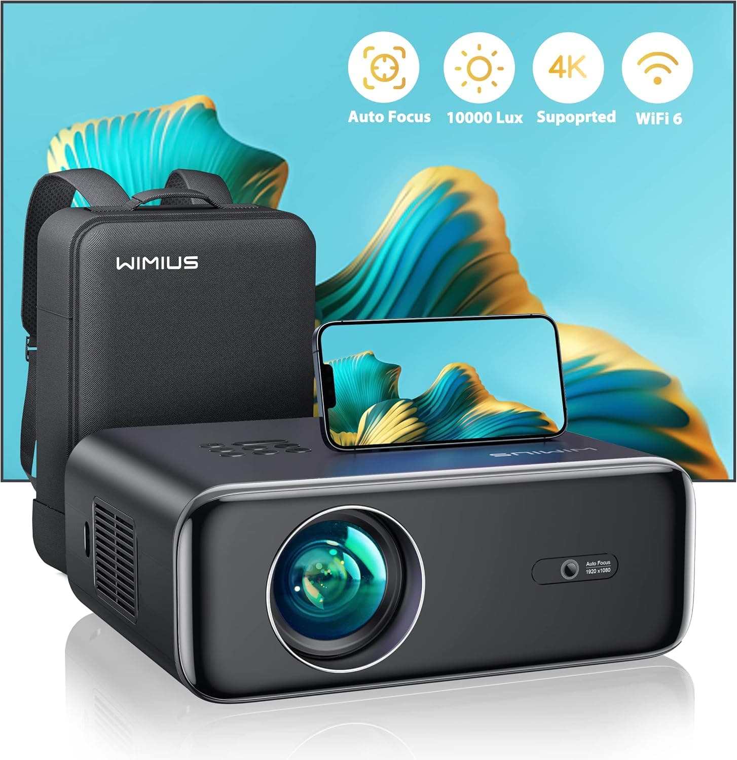 Auto foco / keystone: projetor de 4K WiFi Bluetooth, 33000 lúmenes Full HD 1080P, WiMiUS, projetor 4K, suporte para zoom 50% projetor portátil WiFi6, cinema em casa/exterior para telemóvel/TV Stick