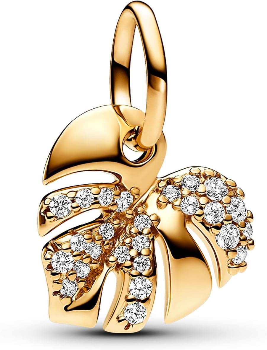 PANDORA Moments Pingente Monstera banhado a ouro de 14 quilates com zircónia cúbica transparente