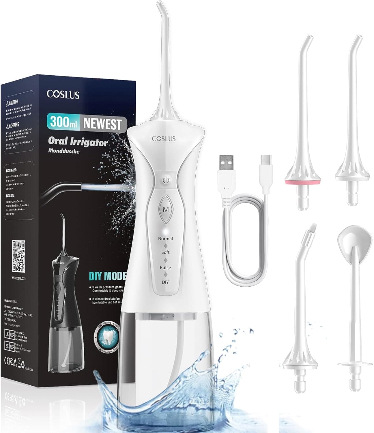 Irrigador dental bucal portátil: COSLUS 4 boquilhas 4 modos recarregável limpeza de rega para limpeza dental, 300 ml IPX7 impermeável