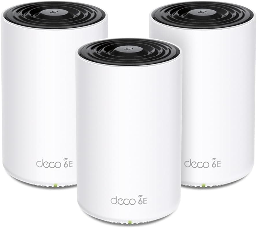 TP-Link Deco XE75 Pro (3-Pack), WiFi AI Mesh AXE5400, WiFi 6E, 1 porta de 2,5 Gbps, 2 portas 1G, banda 6 GHz, largura canal de 160 MHz, cobertura Wi-Fi de 668 m2