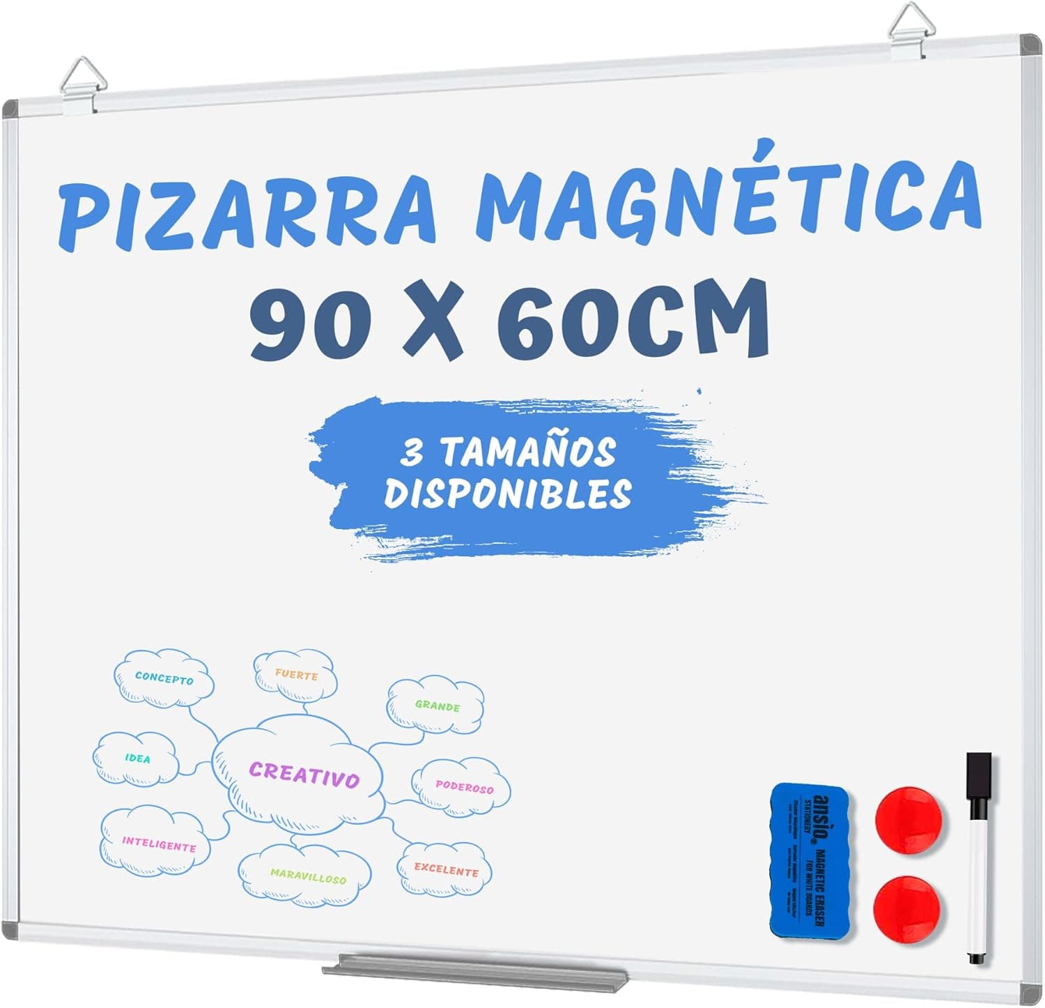 JUPPLIES Magnetic Whiteboard Wall | Quadro branco magnético 90 x 60 cm com moldura em alumínio, tabuleiro, marcador, 2 ímanes e apagador