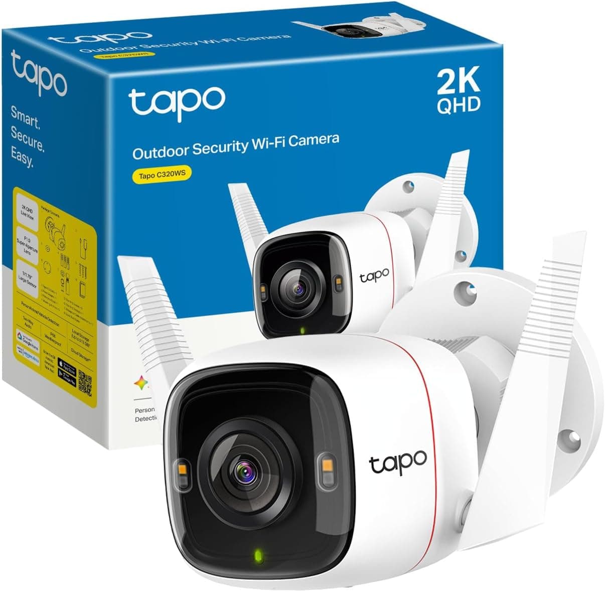 TP-Link Tapo C320WS Câmara de vigilância WiFi exterior/interior, 2k, resolução QHD 4MP, visão noturna colorida, notificações em tempo real, IP66 à prova de água, compatível com Alexa, branco