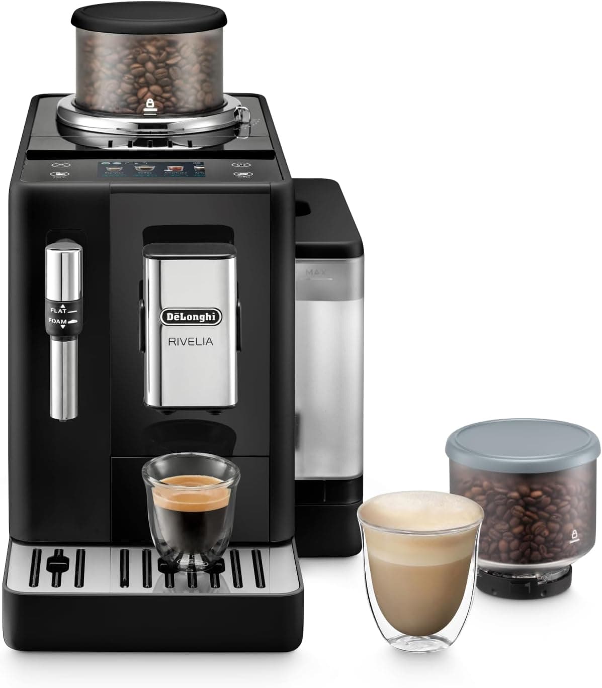 De'Longhi Rivelia EXAM440.35.B, Máquina de café super automática com espumador de leite manual, tamanho compacto, 8 receitas, ecrã táctil colorido, preto Ônix
