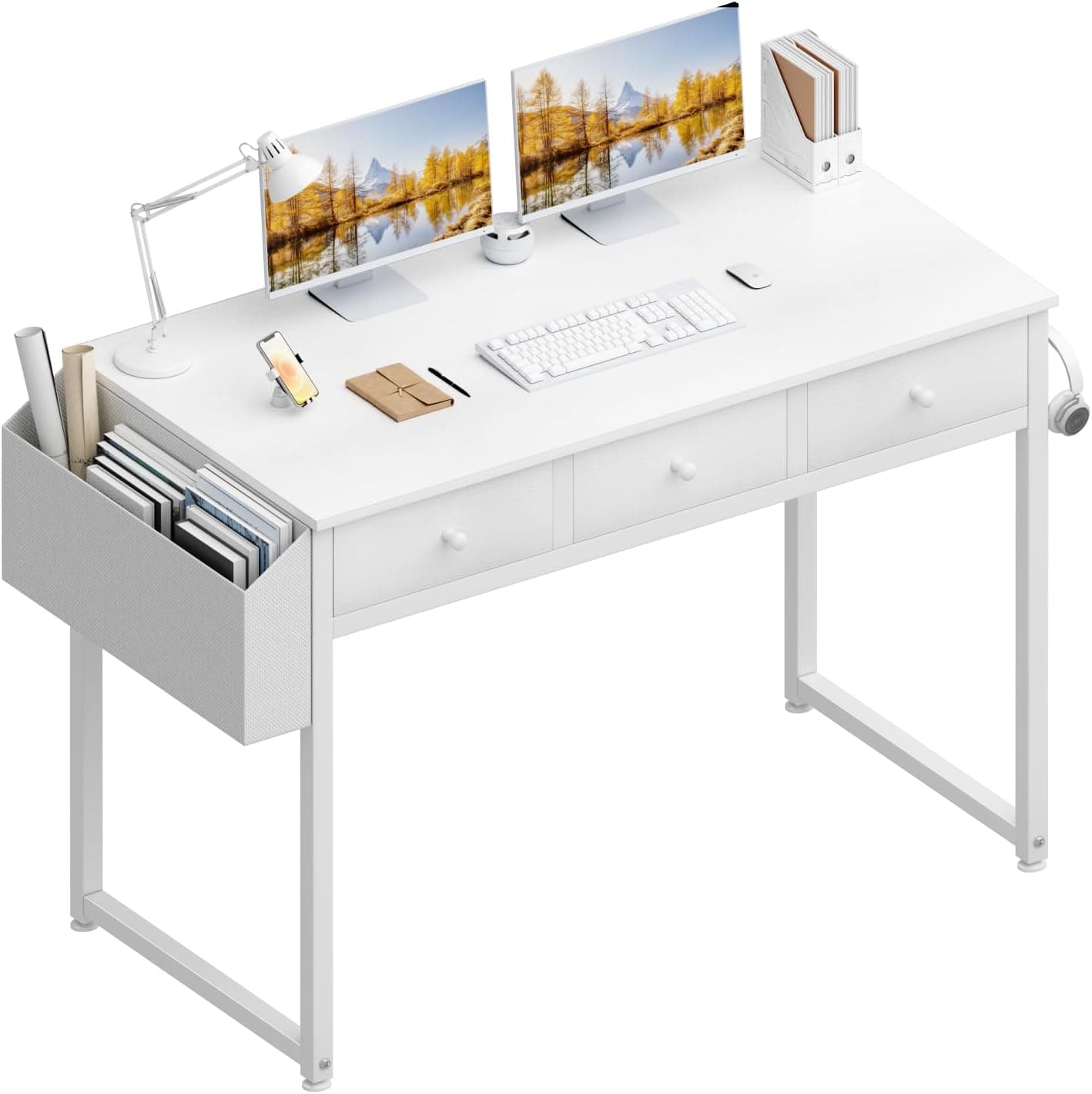 Lufeiya | Secretária branca de 100x50 cm com 3 gavetas para escritório doméstico