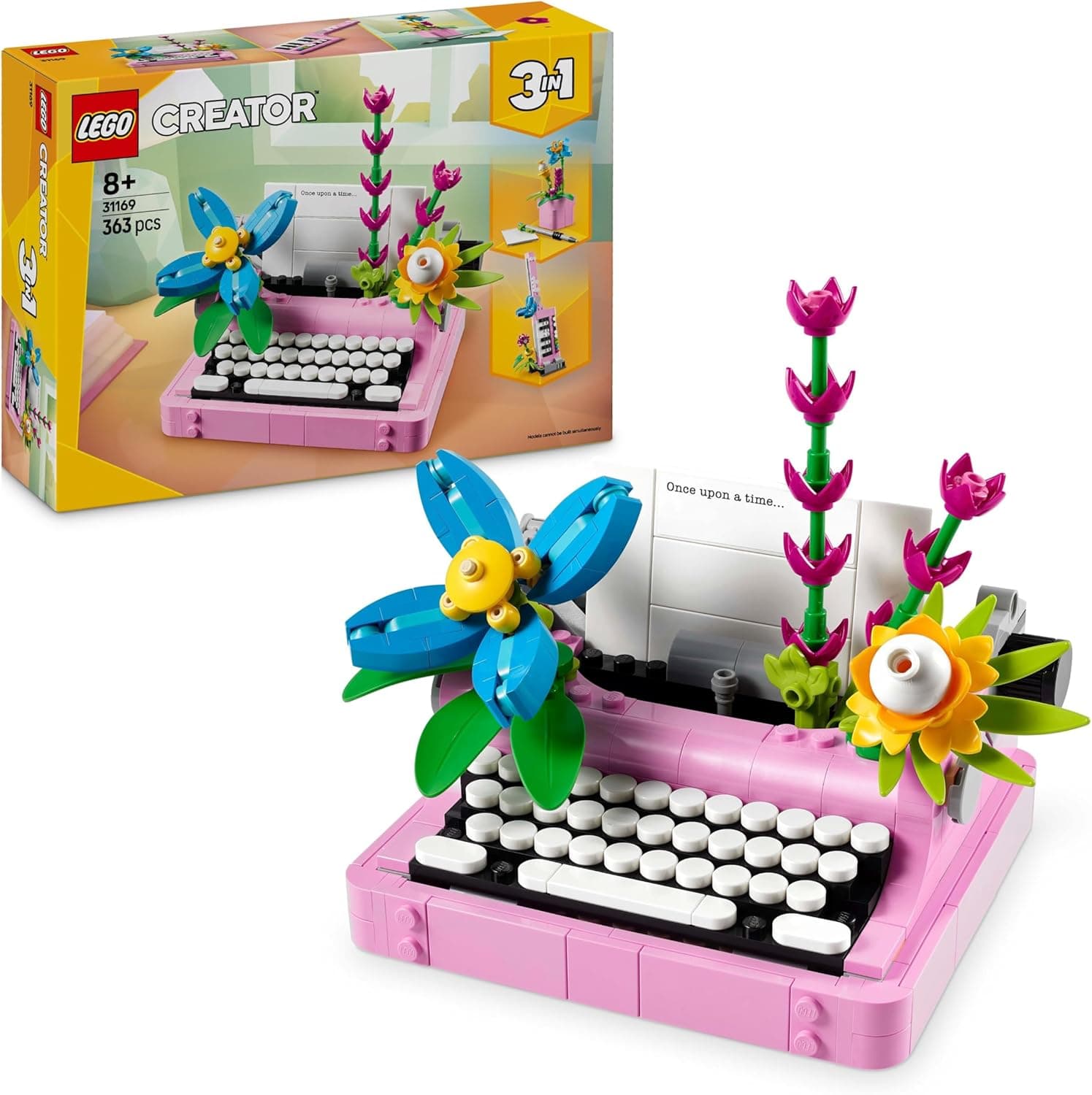 LEGO Creator 3 em 1 máquina de escrever com flores de brinquedo - transformável em teclado musical Keytar ou vaso com caneta e caderno - presente de aniversário para meninas e meninos de 8 anos 31169