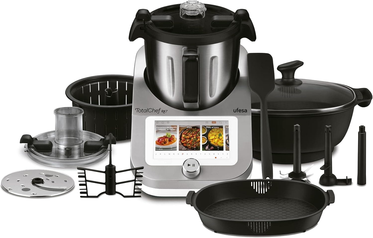 Ufesa TotalChef RK7 Robot de cozinha inteligente multifuncional, WIFI, 30 funções, 4,5 L, ecrã tátil de 7 polegadas, balança integrada, leitor interativo, cor prateada/preto