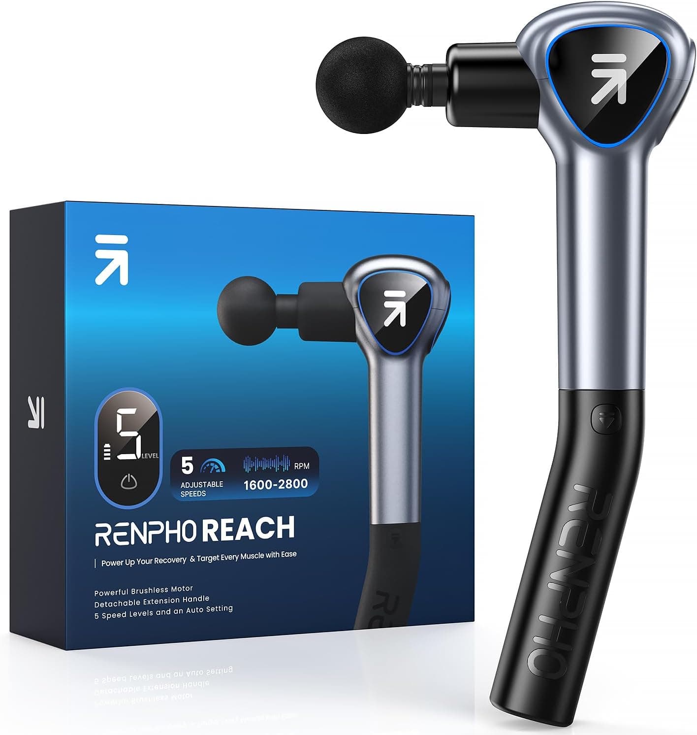 Pistola de massagem muscular com cabo extensível removível, RENPHO Reach pistola de massagem, pistola de massagem profissional com LED Screen para relaxamento muscular, cinzento