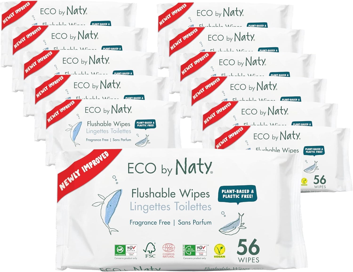 Eco by Naty | Toalhitas húmidas compostáveis sem fragrância para bebés, 12x56 unidades