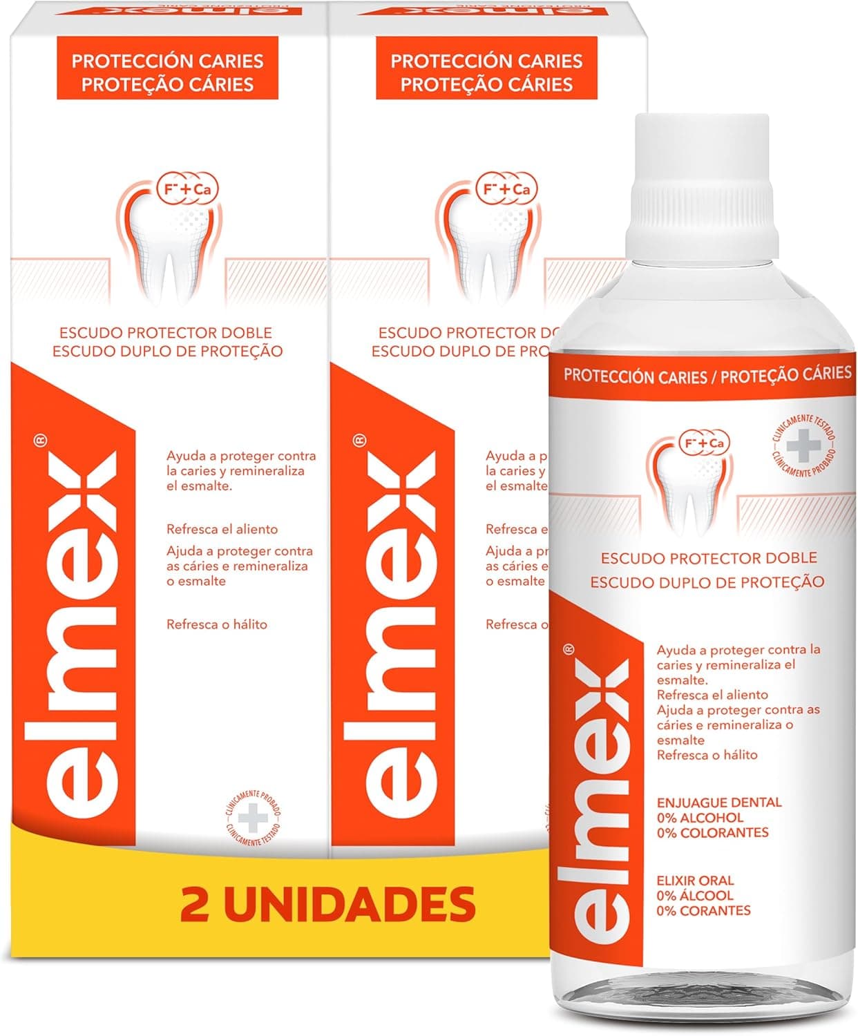 Elmex Proteção contra cáries enxaguamento bucal | Conjunto de 2 unidades x 400 ml, proteção contra cáries e reminelariza os dentes, proteção dupla com escudo protetor, contém flúor de mina