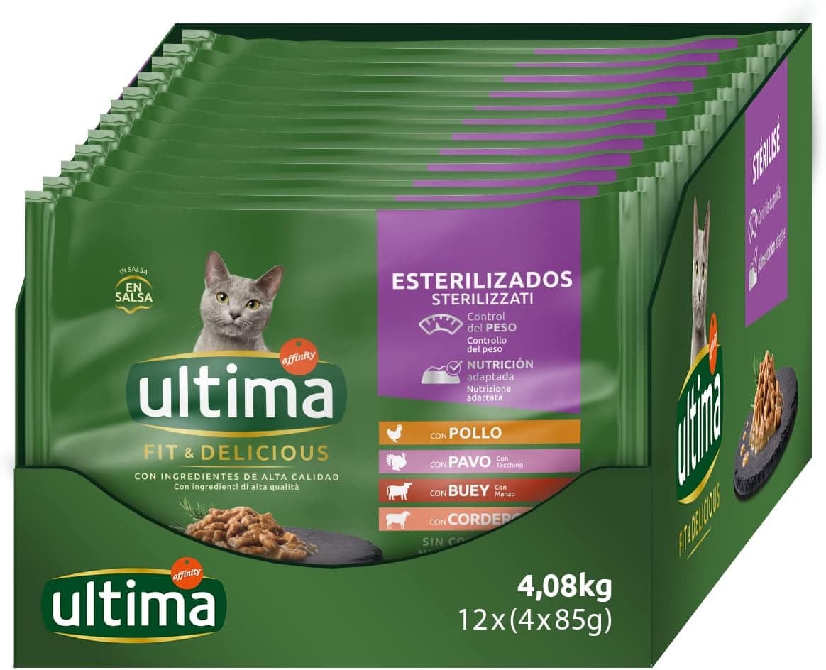 Ultima Comida húmida para gatos com variedade de carnes, 85 gr x 48