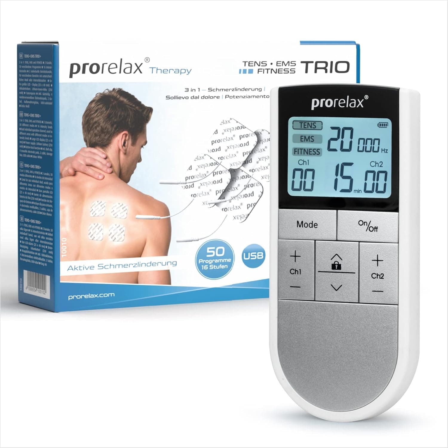 prorelax TENS/EMS Trio Aparelho de eletroestimulação, 3 terapias - TENS, EMS, FITNESS, Para relaxamento, musculação, alívio da dor, 50 programas, 16 níveis de intensidade