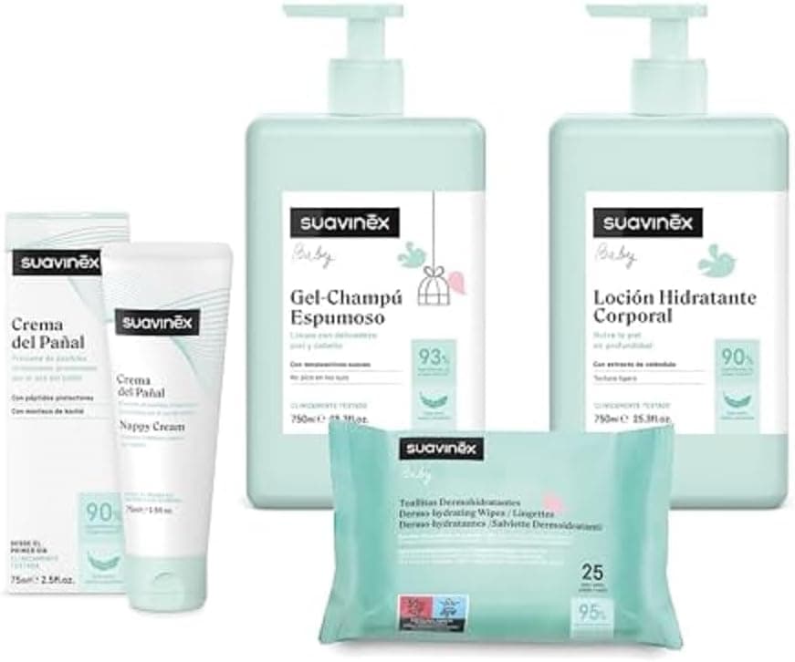 Suavinex, Pacote cosmético de grande formato. Inclui: Gel-champô espumoso 750 ml loção hidratante 750 ml creme fralda 750 ml 75 ml pack toalhas 25 unidades. Pacote bebé recém-nascido, 4 produtos