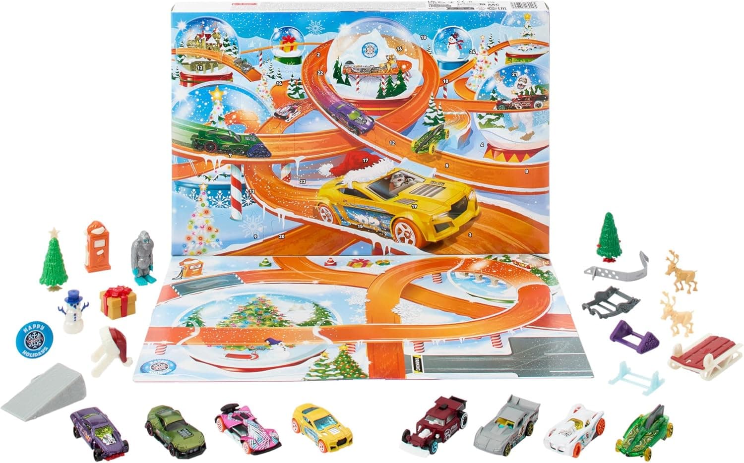 Hot Wheels Calendário de advento de 2024, conjunto de 8 carros de brinquedo com 16 acessórios surpresa com tema de inverno e um tapete de jogo, presente para meninos e meninas + 3 anos, HTG00