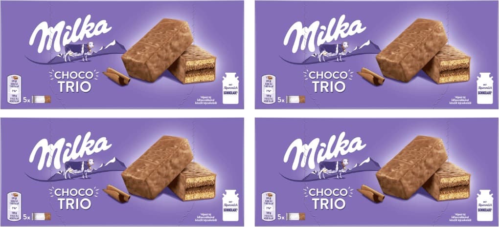 Milka Choco Trio bolo de cacau e coberto com chocolate com leite dos Alpes, 150 g x 4