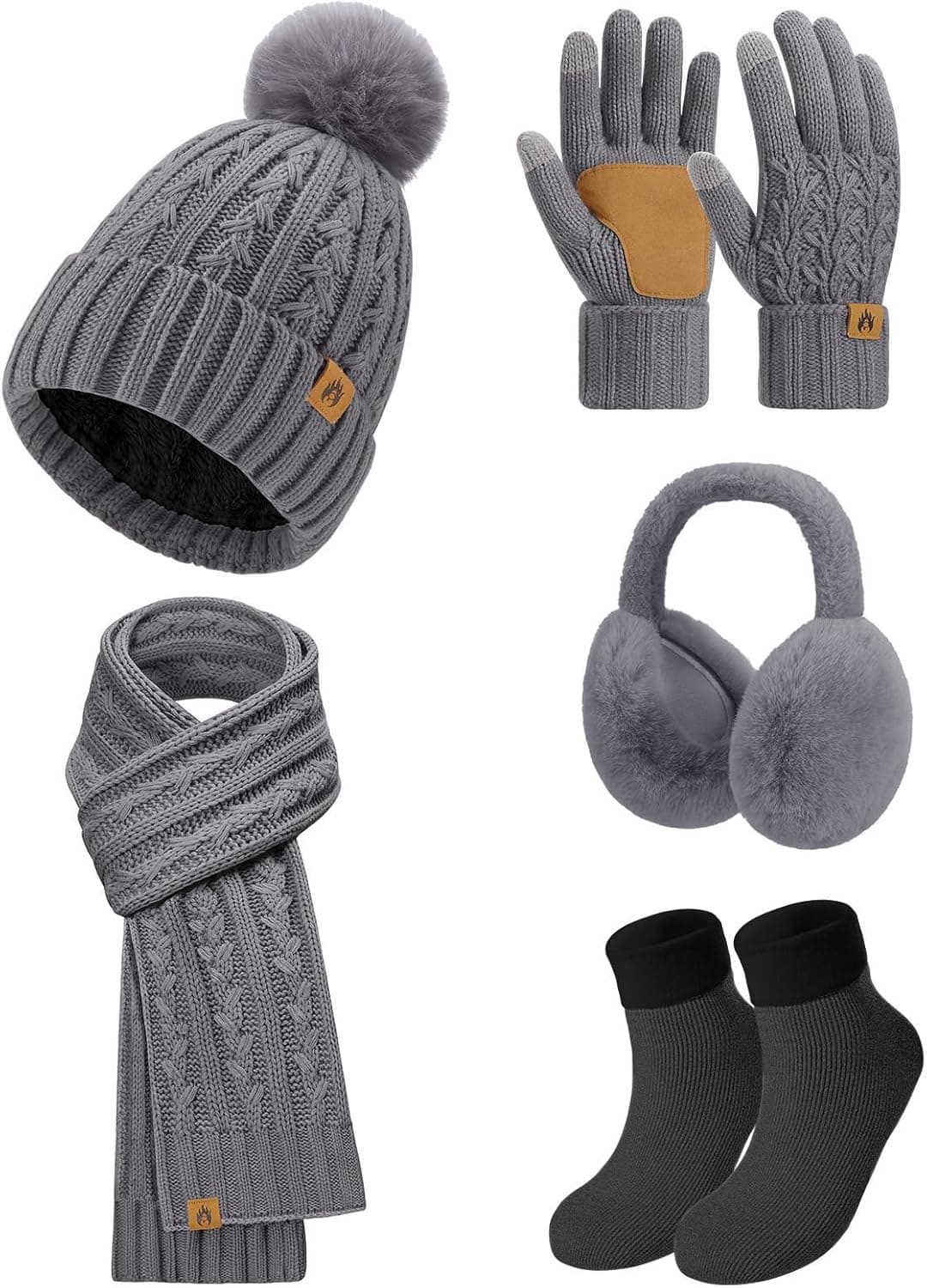 Niwicee Gorro cachecol e luvas inverno mulher conjunto 5 peças, gorro inverno cachecol longo luvas com ecrã tátil orelhas de pelúcia térmicas conjunto de meias presente para mulher