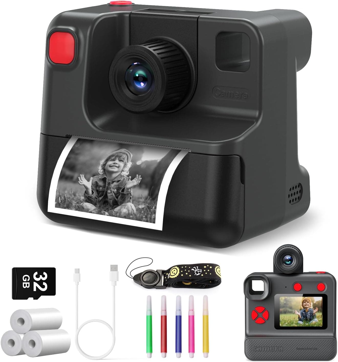 Câmara fotográfica infantil instantânea 1080P, com cartão SD de 32 GB, canetas coloridas e papel de impressão