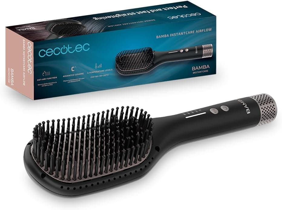 Cecotec Bamba InstantCare AirFlow | Escova de ar quente com revestimento cerâmico para secar e modelar cabelo, 4 níveis de temperatura e desligamento automático