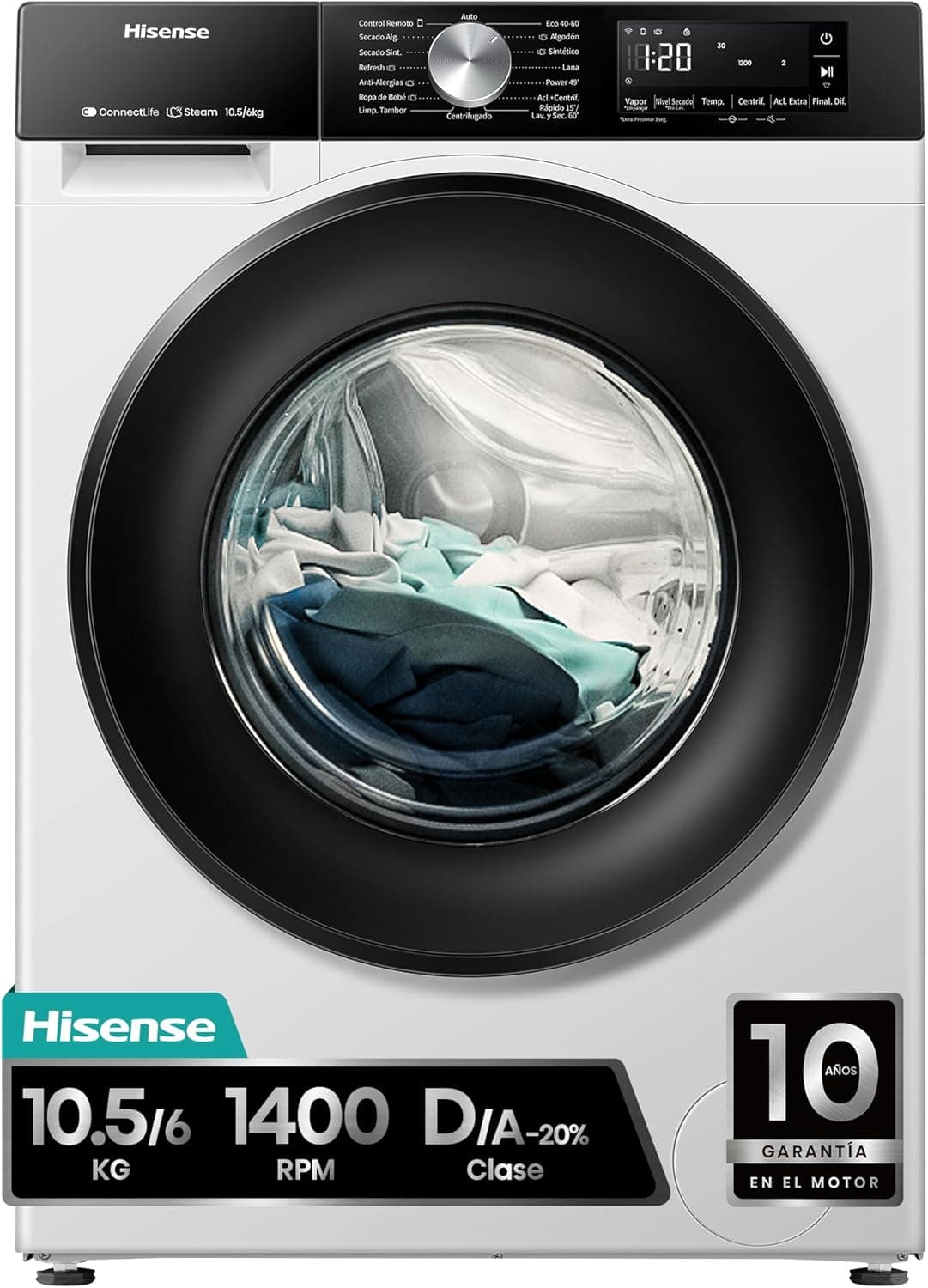 Hisense WD3S1043BW3 | Máquina de lavar e secar roupa 2 em 1 com vapor, 10,5 kg lavagem 6 kg secagem e Wi-Fi