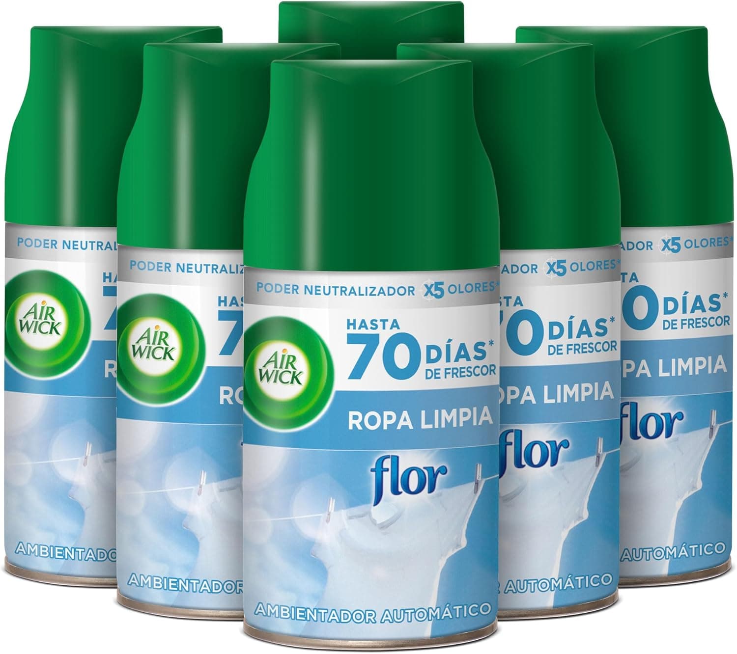 Air Wick Freshmatic - Recarga de ambientador automático com spray, essência para casa com aroma de flor roupa limpa, azul, 250 ml (embalagem de 6)
