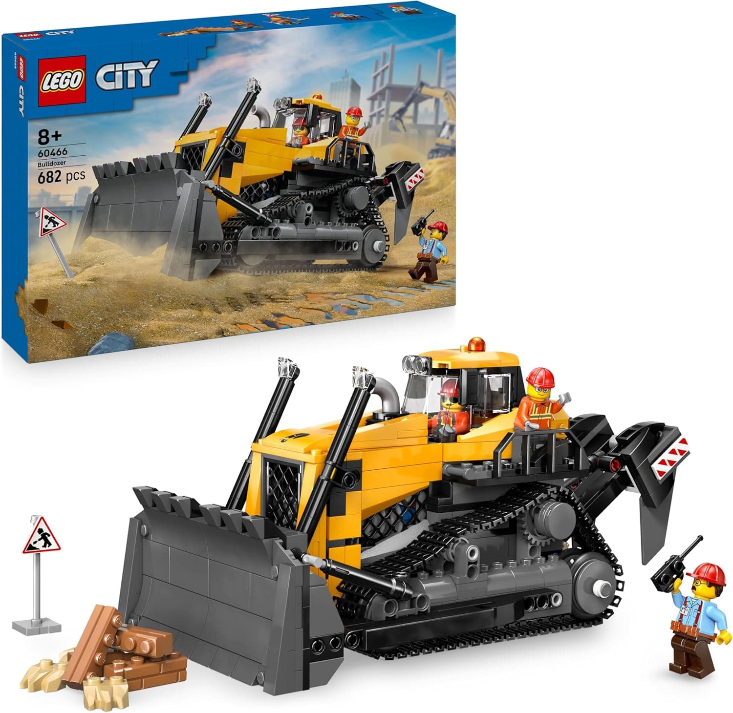 LEGO City Buldócer amarelo - veículo de obra de brinquedo para construir - 3 minifiguras, walkie-talkie, ferramentas e sinais de trânsito - presente de aniversário para crianças de 8 anos 60466