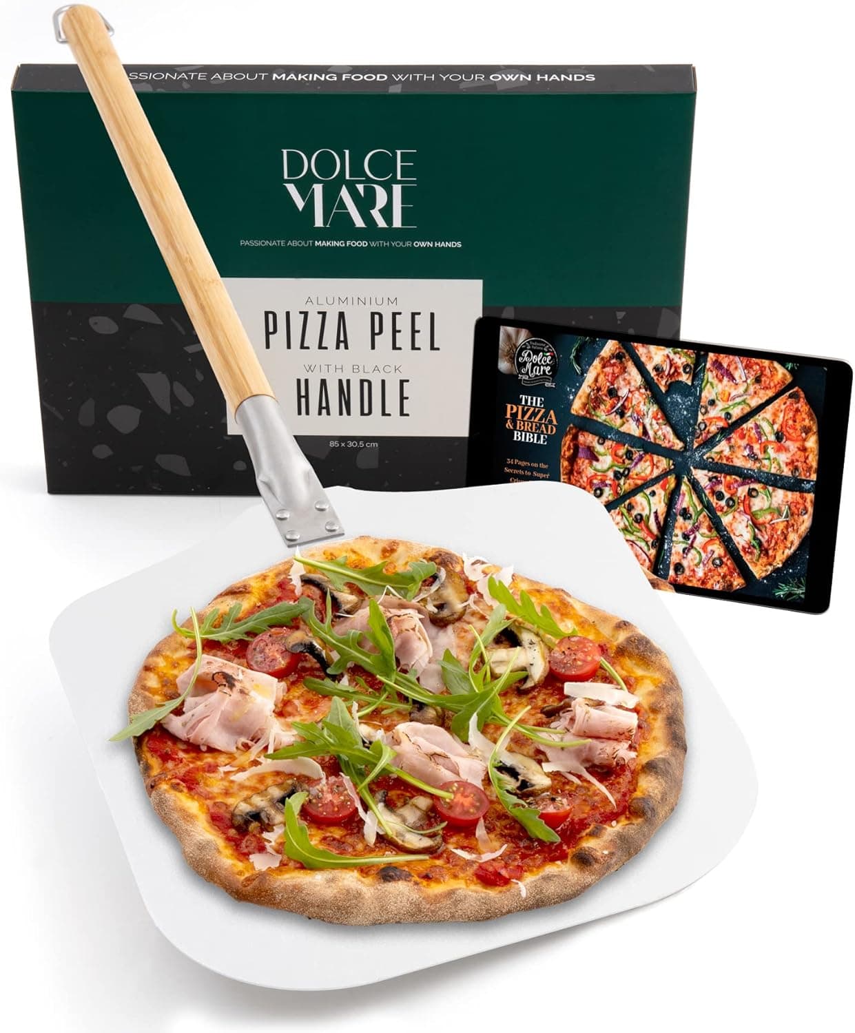 DOLCE MARE Pá para pizza - pá de alumínio com cabo resistente de borracha preta para uma aderência confortável - pá projetada para pizzas com massas delicadas - elevador de pizza | deslizante de pão