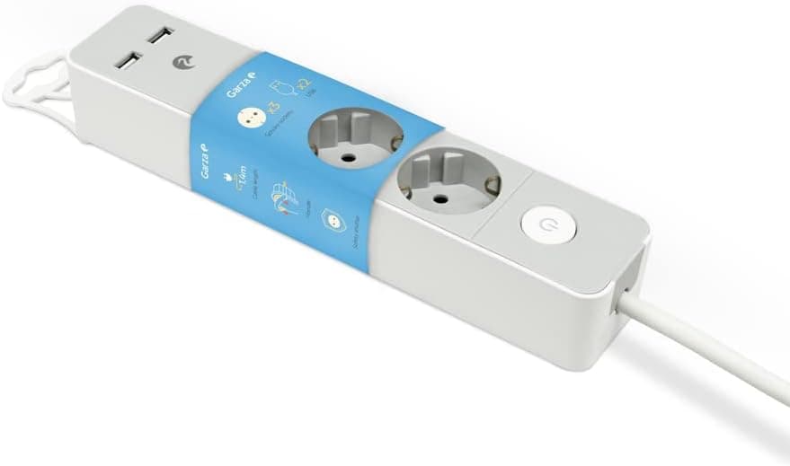 Garza Design Range | Extensão com 3 tomadas, 2 portas USB e cabo de 1,4 m com proteção infantil