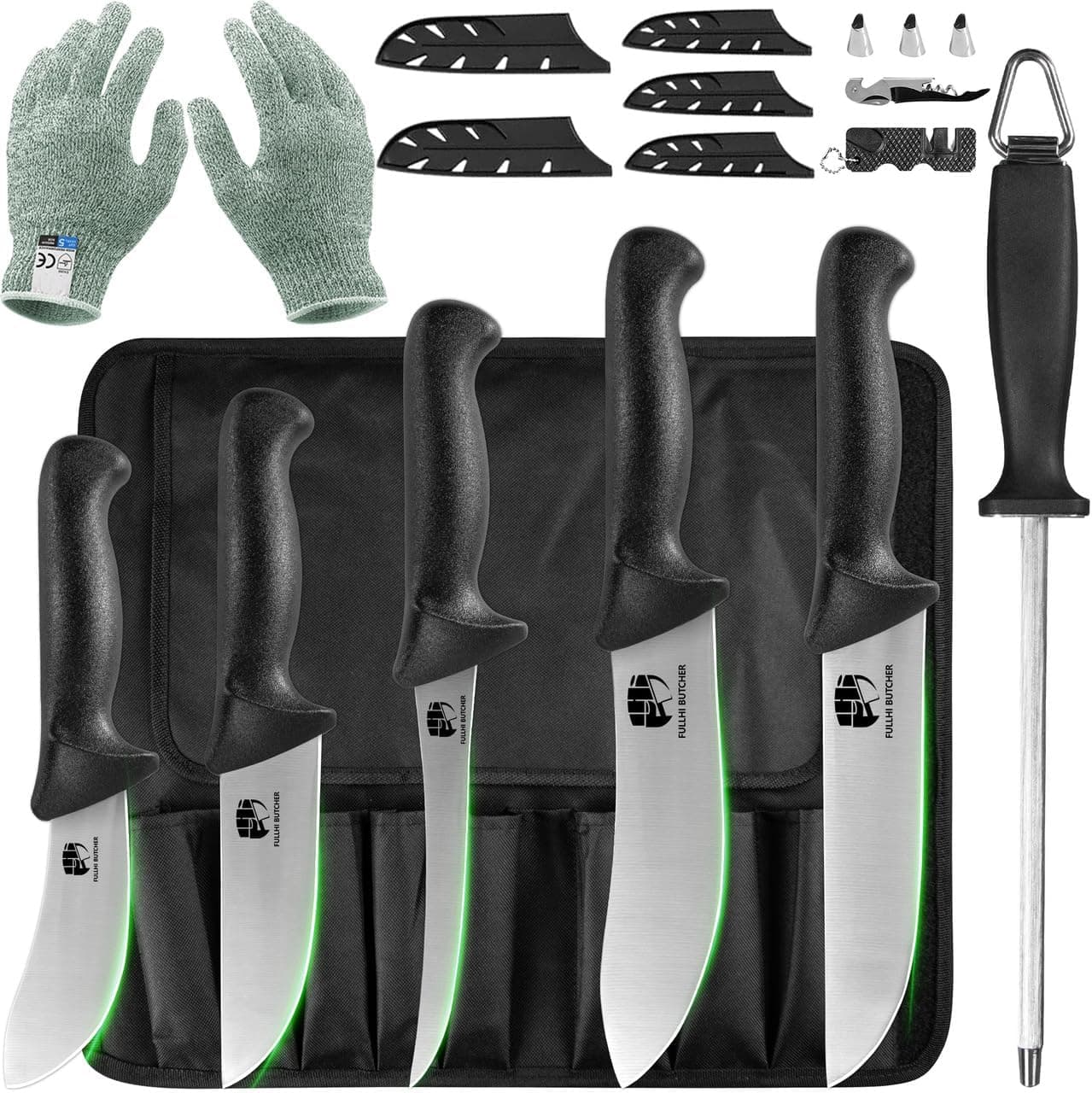 FULLHI Conjunto de facas de talhante de aço inoxidável e cabo antiderrapante, para processamento de carne para cozinha caseira e restaurante