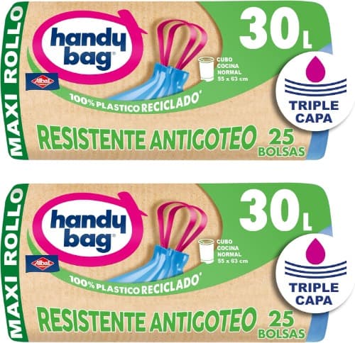 Handy Bag Sacos de lixo resistentes anti-gotejamento, 100 % reciclado, auto-fecho, 30 L, 25 sacos x 2