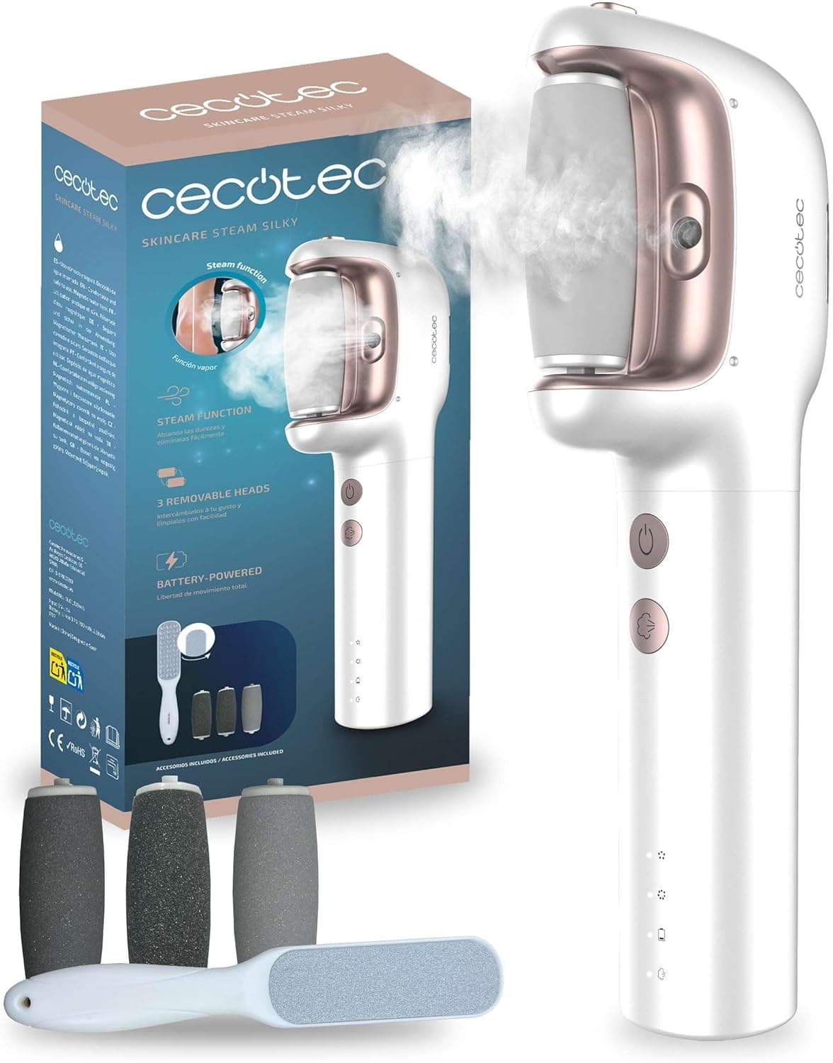 Cecotec Limão elétrico pés duros com bateria recarregável SkinCare Steam Silky. Função de vapor, 3 cabeças, resistente à água IPX7, 3 velocidades, raspador extra, reservatório de água montado