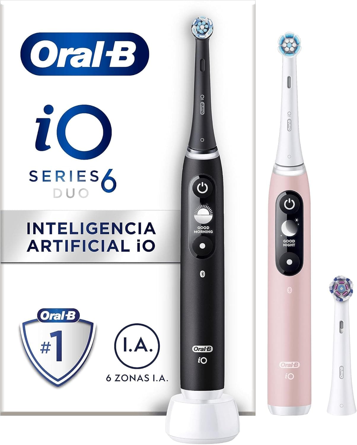 Oral-B iO 6 Escovas de dentes elétricas com 1 cabo recarregável, Duo Pack, 1 cabeça de substituição, desenhada por Braun - preto e rosa