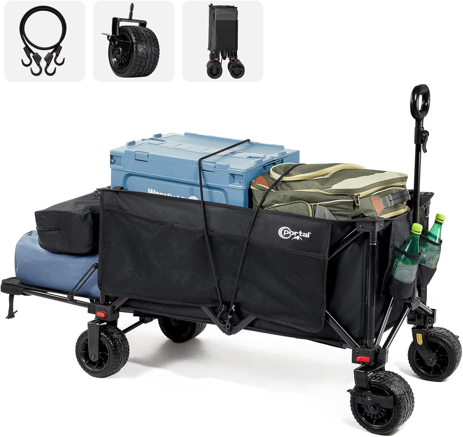 PORTAL Carrinho de festival com travões carro de praia para areia com rodas largas carro de campismo de 300 L com porta traseira ajustável carro dobrável de alta resistência Buggy de reboque dobrável