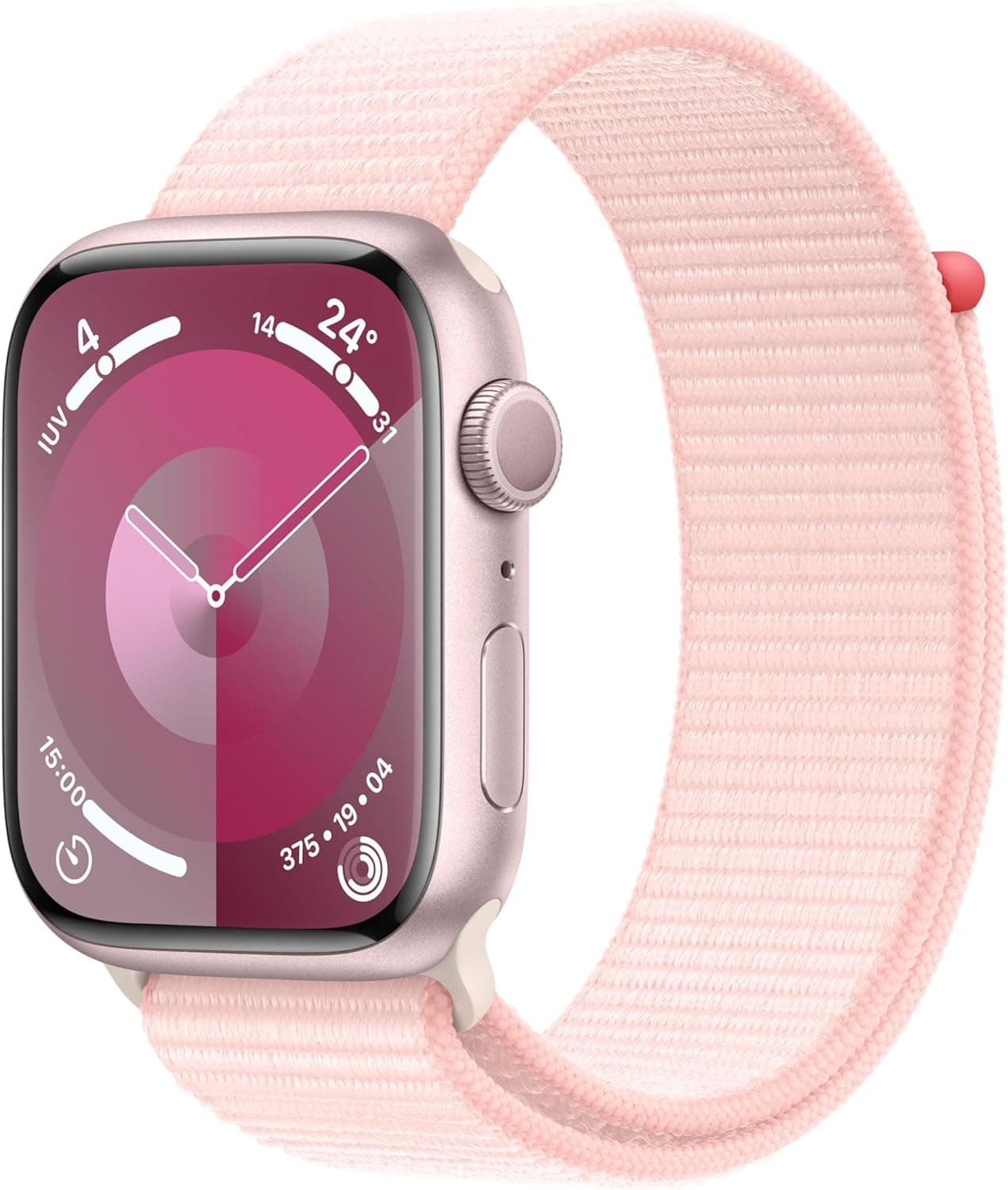 Apple Watch Series 9 [GPS] Smartwatch com caixa de alumínio rosa de 45 mm e correia desportiva rosa claro. Monitor de treino, App oxigénio no sangue, neutro em carbono