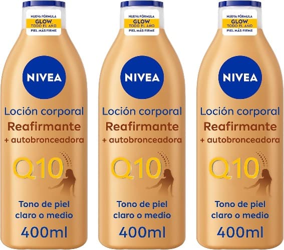 NIVEA Q10 Loção corporal reafirmante autobronzeadora (400 ml), creme hidratante corporal com coenzima Q10, creme bronzeador para tom de pele claro a médio x3