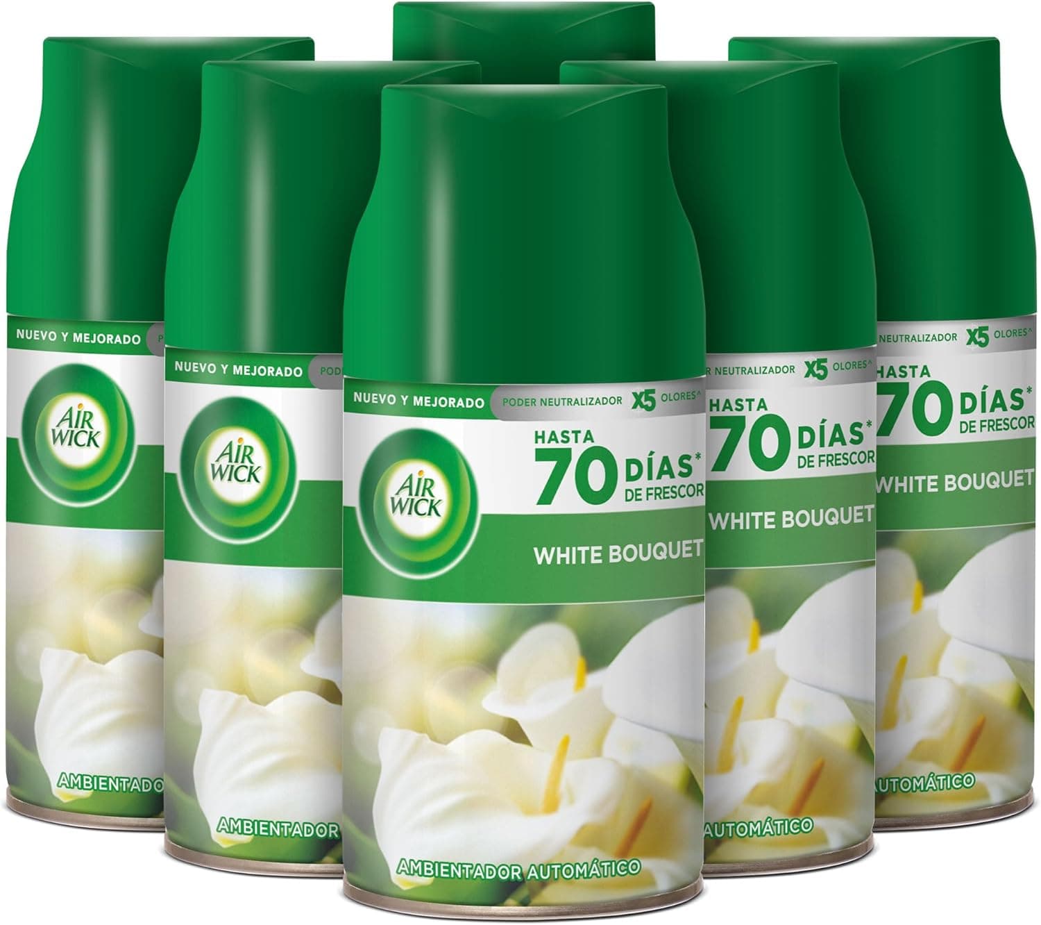 Air Wick Elétrico - Peças sobresselentes para ambientador automático elétrico, essência para casa com aroma a White Bouquet, verde, 250 ml (embalagem de 6)