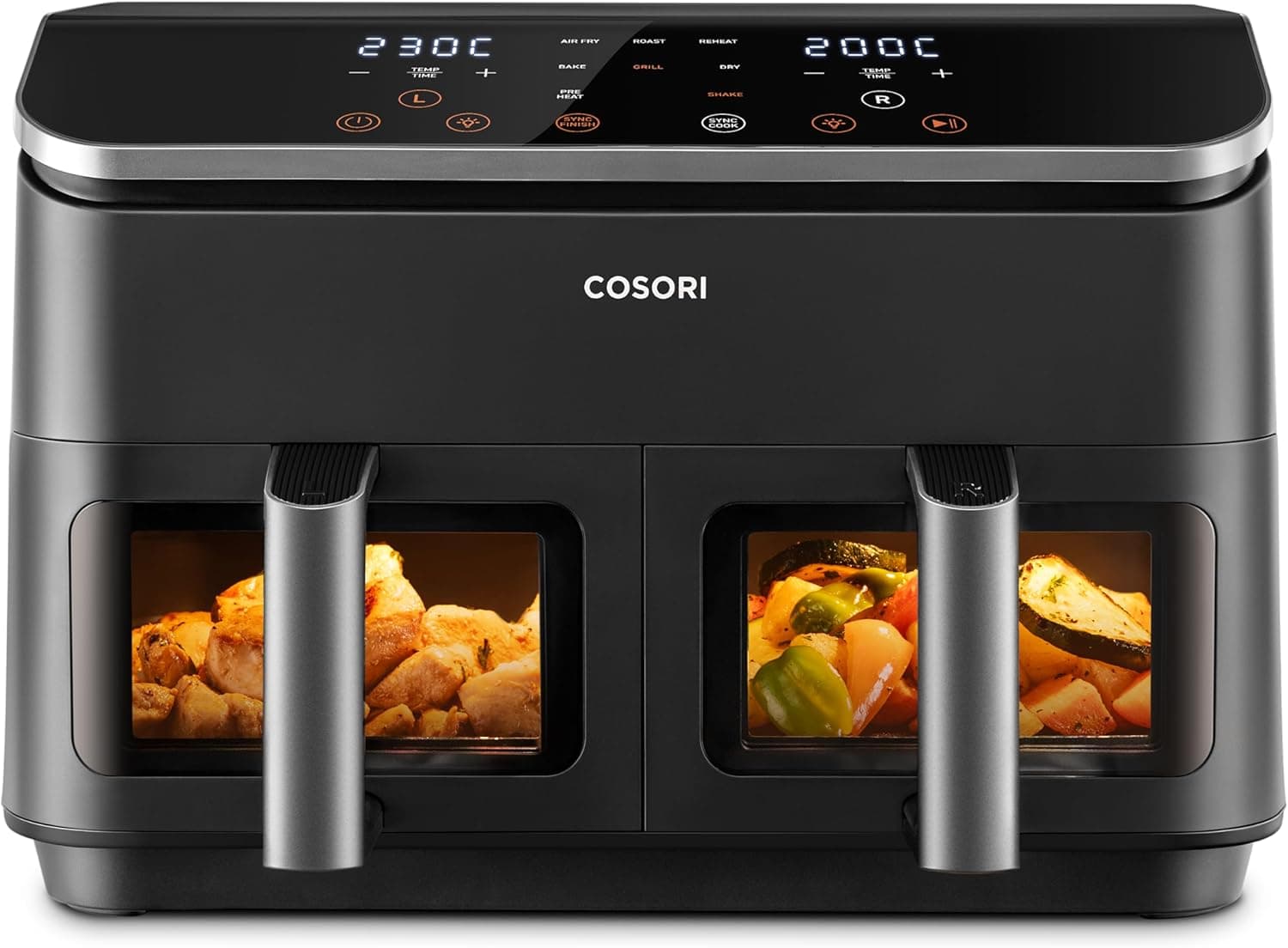 Cosori Frigideira de ar com cesta dupla 8,5 l, Air Fryer, capacidade adequada, mais saudável, SYNC Finish, 2-4 pessoas, 10 em 1, 35-230 °C, uso simples, rápido e nítido, aço inoxidável interior