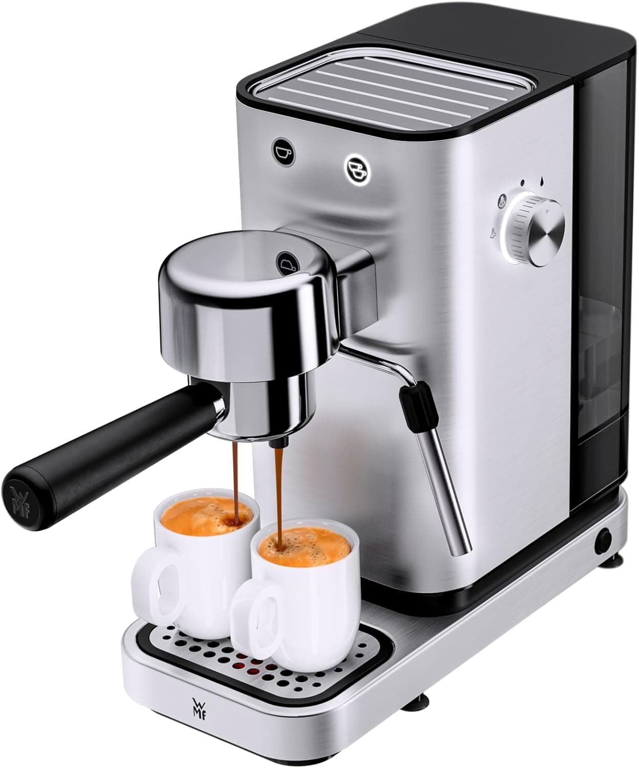 WMF Lonão, máquina de café expresso com porta-filtros, 1350 W, 2 porta-filtros, para 1 - 2 chávenas de expresso, 15 bares, apoios para copos, batedor de leite, aço inoxidável mate