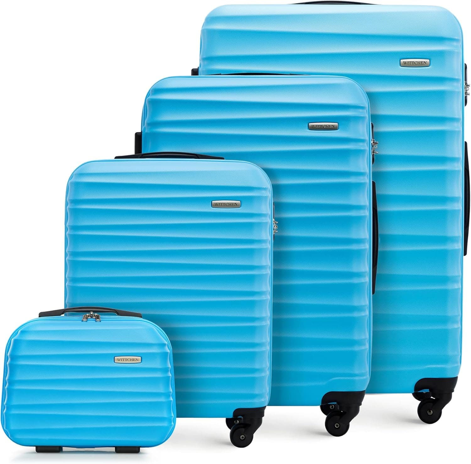 WITTCHEN Mala de viagem bagagem de mão mala de cabine mala de ABS com 4 rodas giratórias fechadura de combinação alça telescópica Groove Line tamanho S, azul, Conjunto 4 malas
