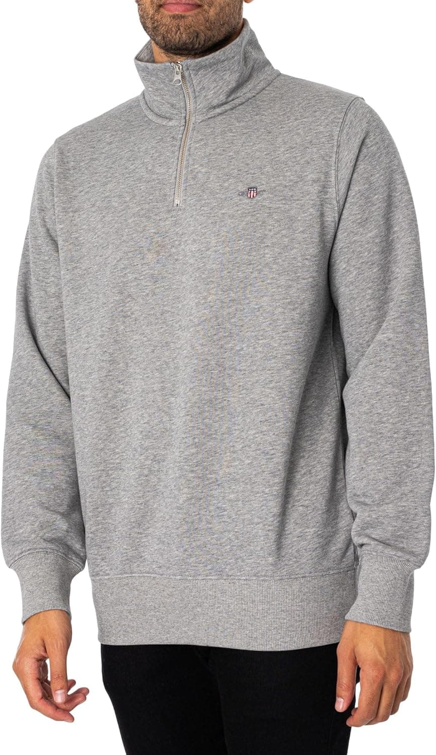 GANT Shield Tartan Green | Sweatshirt masculina regular fit com meio fecho em algodão cinzento mesclado