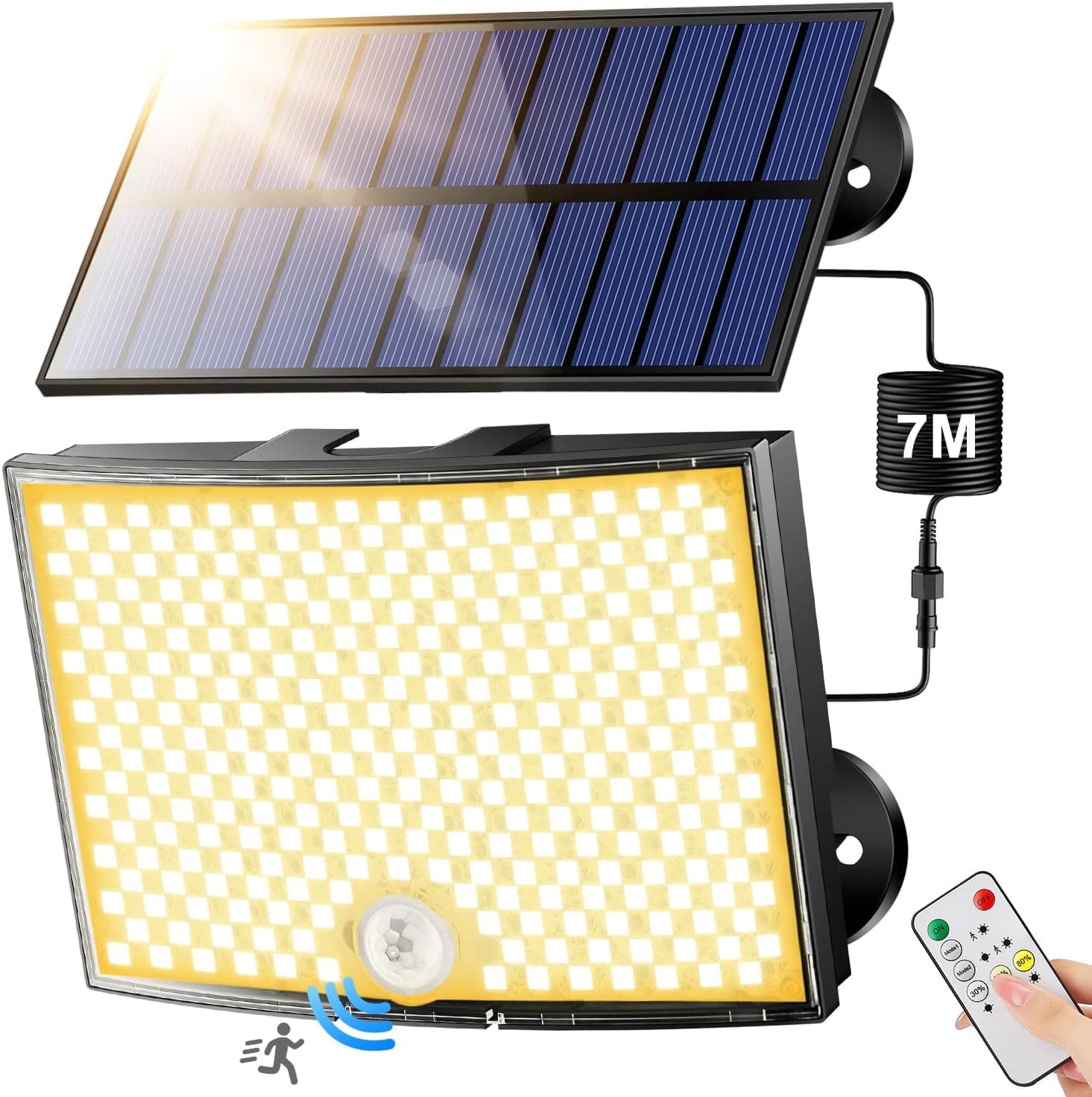 Luzes solares LED para exterior e jardim: luz quente: 268 LED/5 modos/7 m: luz solar exterior e jardim com sensor de movimento, 2200 mAh holofotes LED exteriores solares, luz solar remota, IP65 luz