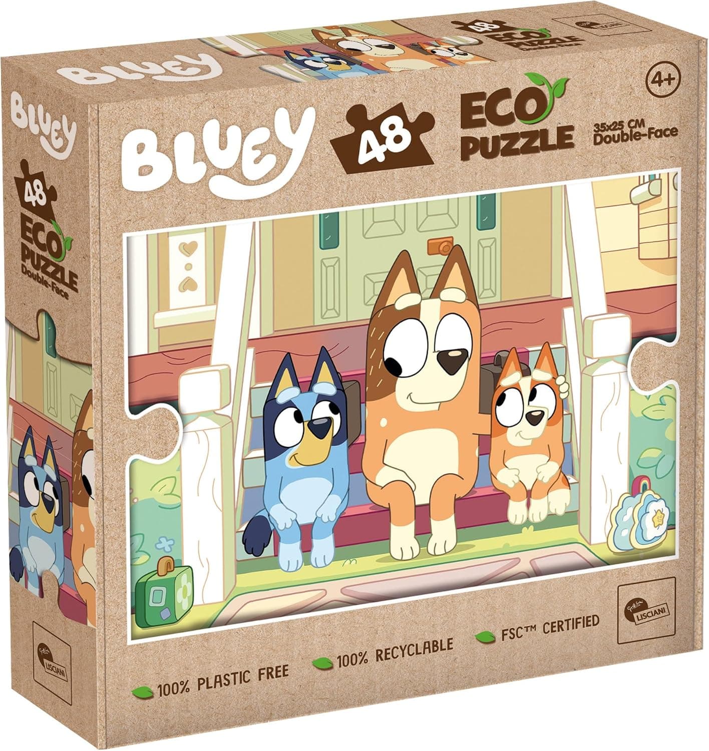 Lisciani Bluey | Puzzle duplo com 48 peças para crianças a partir dos 4 anos e verso para colorir, 25 x 35 cm