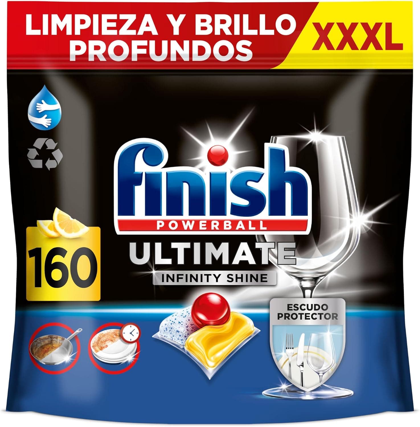 Finish Powerball Ultimate Infinity Shine, pastilhas para máquina de lavar louça com proteção de louça, limão, 160 pastilhas