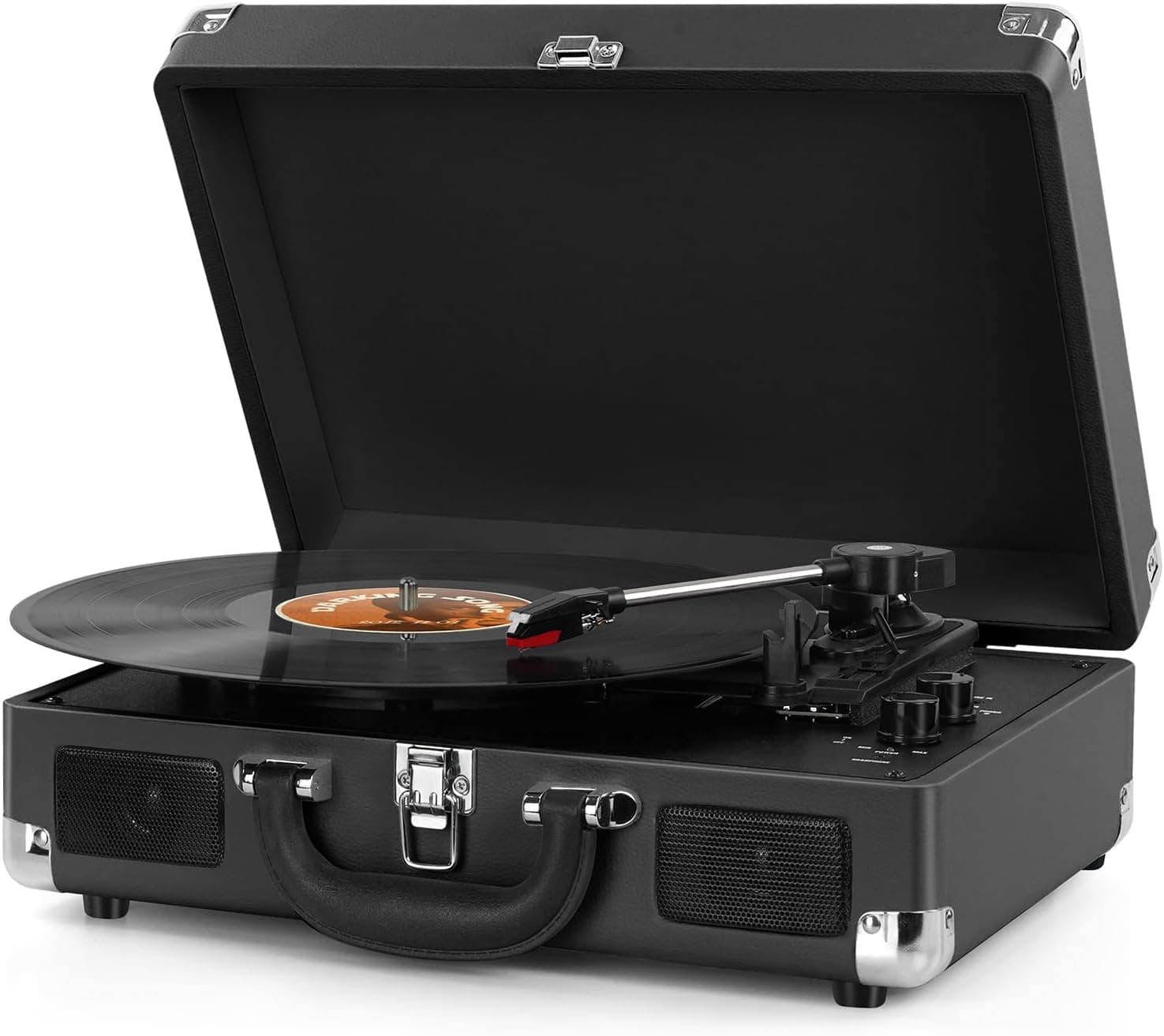 Gira-discos de vinil, Bluetooth retro com altifalantes integrados e 3 velocidades, rato vintage portátil com saída RCA/AUX-IN, preto