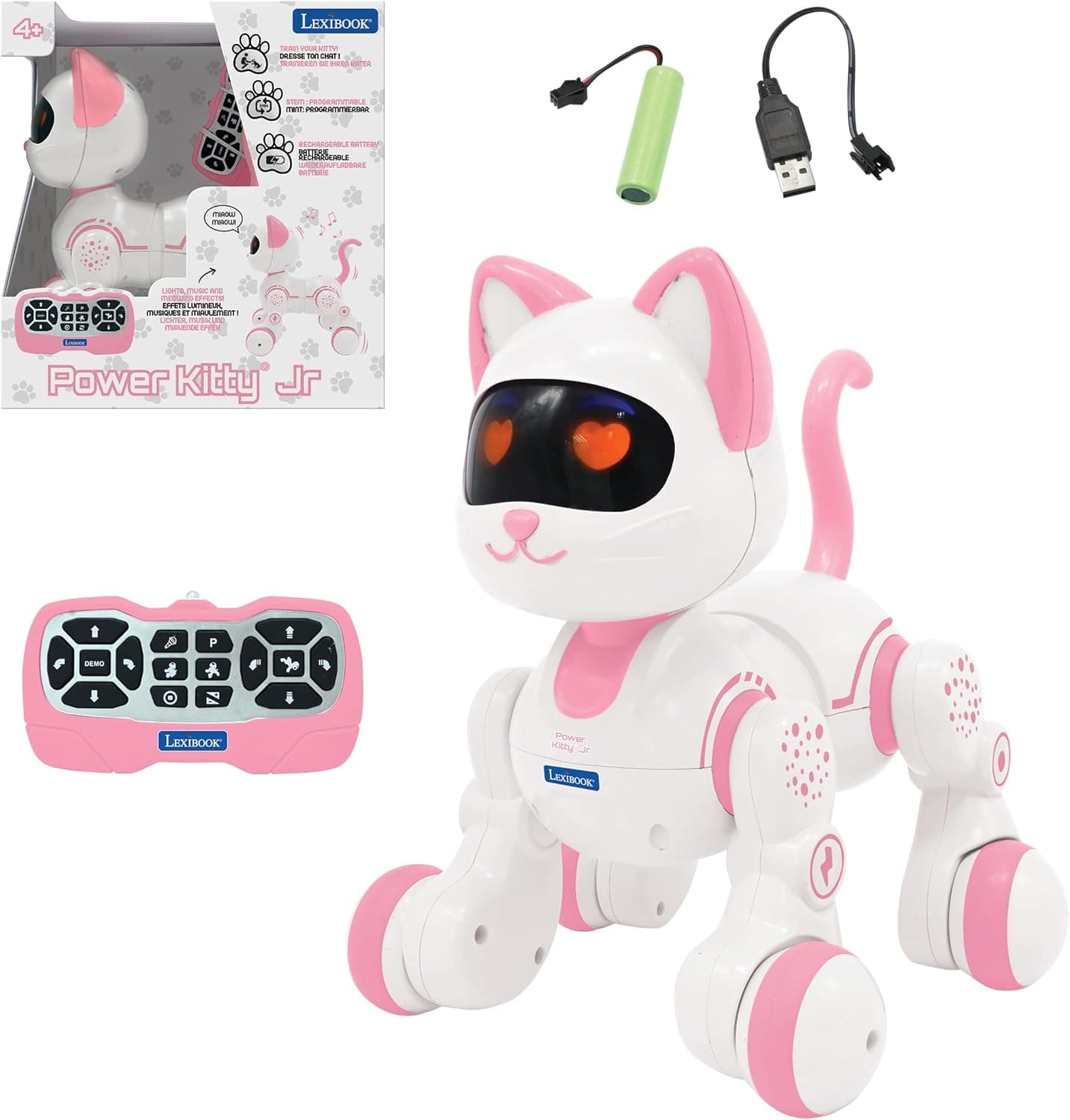 Lexibook, Power Kitty Jr., gato robot telecomandado para treino, abanado como um gato real, olhos interativos, tema programável, bateria recarregável, rosa/branco, KIT01